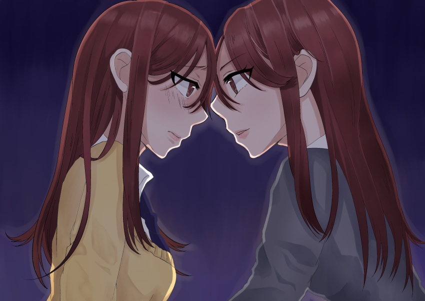 2girls absurdres asti_1019 beige_sweater blue_neckwear brown_eyes brown_hair collared_shirt eyebrows_visible_through_hair from_above gradient gradient_background grey_jacket hair_between_eyes hands_clasped highres idolmaster idolmaster_shiny_colors jacket long_hair looking_at_viewer multiple_girls oosaki_amana oosaki_tenka open_mouth own_hands_together plaid plaid_skirt pleated_skirt school_uniform shirt siblings sidelocks skirt standing straight_hair striped striped_neckwear sunab_umahito twins white_shirt yuri