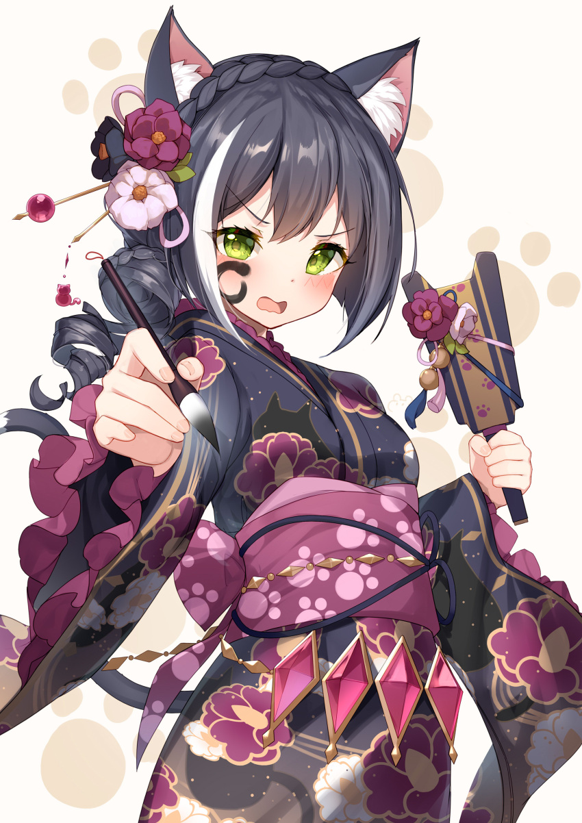 1girl absurdres animal_ear_fluff animal_ears bangs bison_cangshu black_hair black_kimono braid breasts cat_ears cat_girl cat_tail commentary_request crown_braid eyebrows_visible_through_hair facepaint floral_print flower green_eyes hair_bun hair_flower hair_ornament hanetsuki highres holding holding_paintbrush japanese_clothes karyl_(princess_connect!) kimono long_hair long_sleeves multicolored_hair open_mouth paintbrush pink_flower princess_connect! print_kimono purple_flower side_bun small_breasts solo streaked_hair tail v-shaped_eyebrows wavy_mouth white_hair wide_sleeves