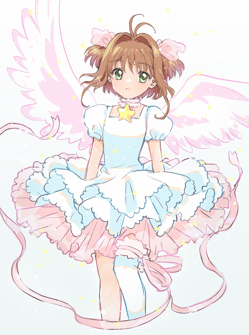 1girl angel_wings antenna_hair brown_hair cardcaptor_sakura choker cowboy_shot dress frilled_dress frills green_eyes hair_ribbon highres kinomoto_sakura mokku_(ak0207) ribbon short_hair single_thighhigh solo star_(symbol) thigh-highs two_side_up white_dress white_legwear wings