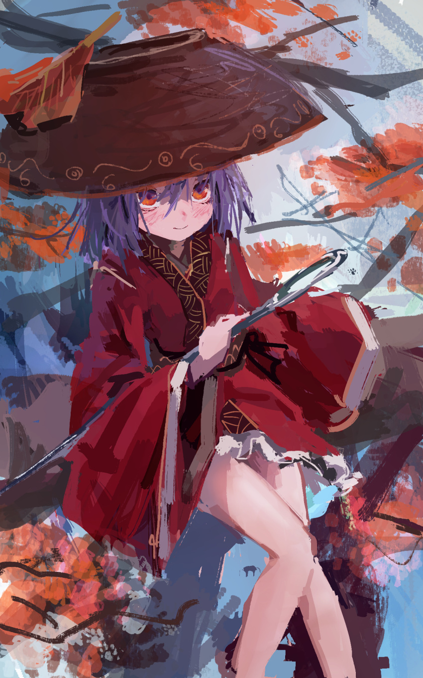 1girl arm_at_side bangs bare_legs blush bob_cut bowl bowl_hat branch closed_mouth feet_out_of_frame hair_between_eyes hand_up hat highres holding holding_needle invisible_chair japanese_clothes kimono knees_together_feet_apart leaf long_sleeves looking_at_viewer looking_up needle no_lineart obi orange_eyes purple_hair red_eyes red_kimono reddizen sash sewing_needle short_hair short_kimono sitting solo sukuna_shinmyoumaru touhou wide_sleeves