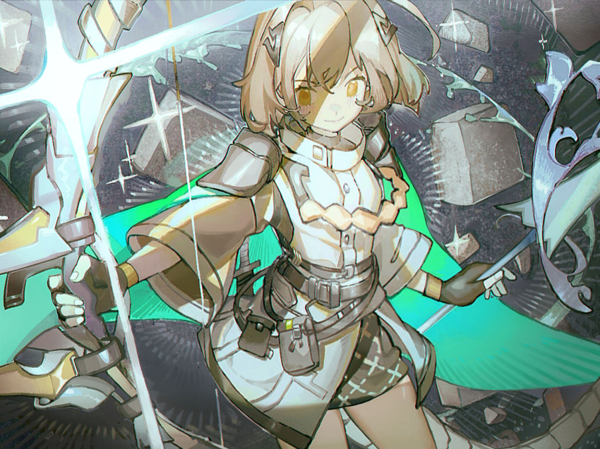 1girl alchemy_stars arrow_(projectile) belt belt_pouch black_gloves black_skirt bow_(weapon) brown_hair closed_mouth commentary cowboy_shot fingerless_gloves gloves grey_jacket hair_ornament hairclip holding holding_arrow holding_bow_(weapon) holding_weapon jacket long_sleeves noco_(pixiv14976070) pouch rubber_duck short_hair skirt smile solo sparkle vice_(alchemy_stars) weapon yellow_eyes