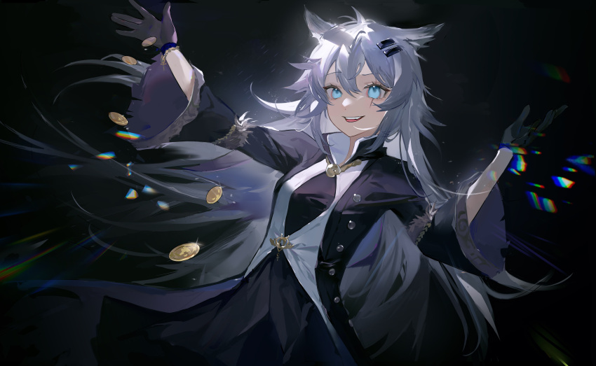1girl :d absurdres animal_ears arknights backlighting bangs black_coat black_gloves black_skirt blue_eyes coat coin dark_background eyebrows_visible_through_hair fur-trimmed_sleeves fur_trim gloves hair_ornament hairclip highres lappland_(arknights) lappland_(refined_horrormare)_(arknights) lens_flare long_hair long_sleeves looking_at_viewer official_alternate_costume open_clothes open_coat open_mouth scar scar_across_eye silver_hair skirt smile solo teeth unbuttoned upper_teeth very_long_hair wolf_ears yuanyi163