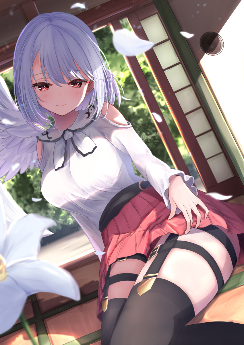 1girl absurdres alternate_costume bare_shoulders feet_out_of_frame flower flower_request highres kishin_sagume light_blush light_smile long_hair looking_at_viewer medium_hair niko_kusa pleated_skirt red_eyes red_skirt silver_hair single_wing sitting skirt solo thigh-highs touhou white_flower wings