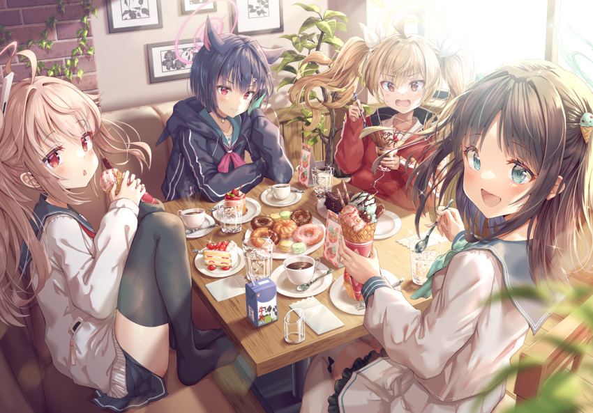 4girls airi_(blue_archive) black_hair blonde_hair blue_archive blush cake coffee doughnut food halo hirokazu_(analysis-depth) ice_cream jacket long_hair looking_at_viewer multiple_girls natsu_(blue_archive) no_shoes open_mouth pink_hair plate school_uniform side_ponytail sweets thigh-highs track_jacket twintails yoshimi_(blue_archive)