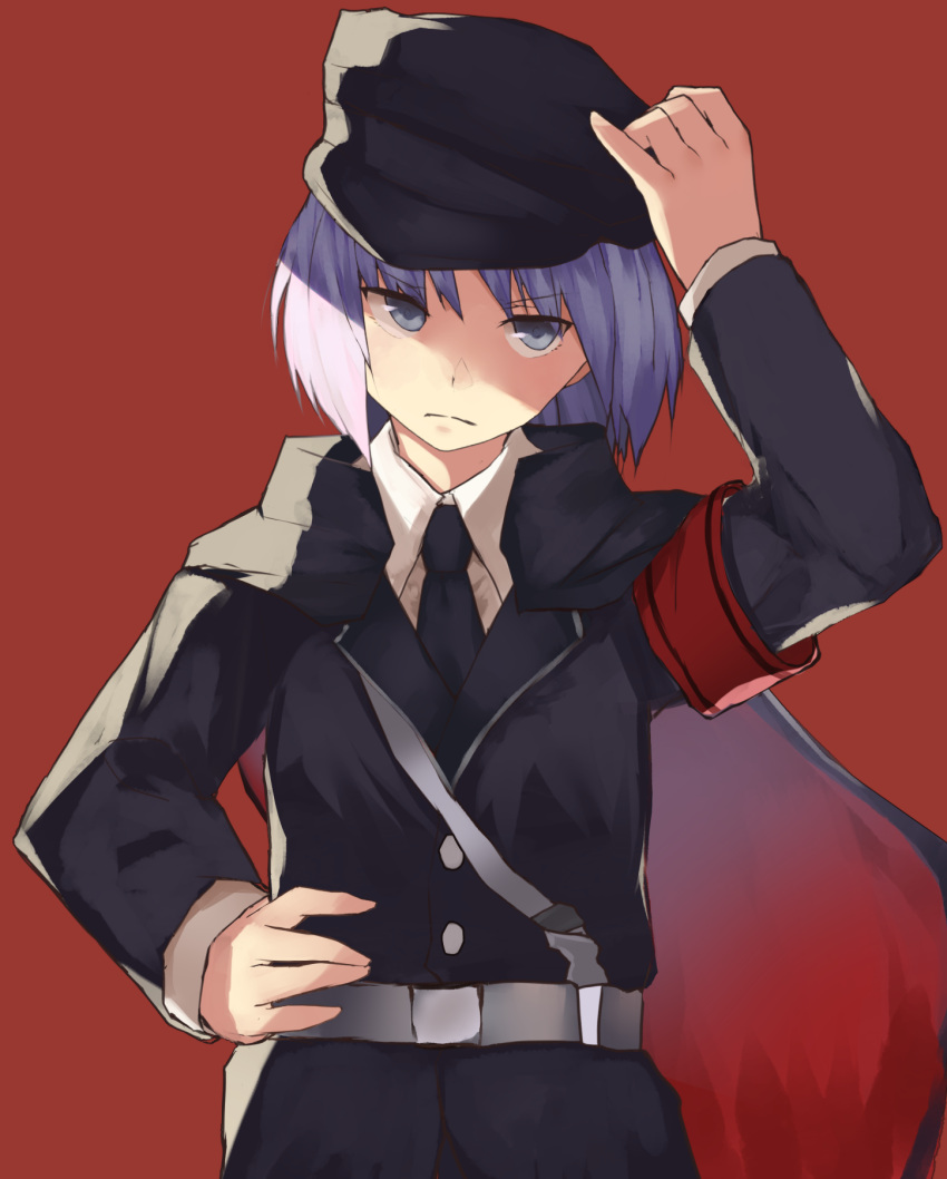 1girl armband bangs black_coat black_headwear black_necktie blue_eyes cape closed_mouth coat collared_shirt commentary_request cookie_(touhou) cowboy_shot geru_futota hand_on_hip hat highres long_sleeves looking_at_viewer military military_hat military_uniform necktie purple_hair red_background red_cape remilia_scarlet rizeass shirt short_hair simple_background solo touhou uniform white_shirt