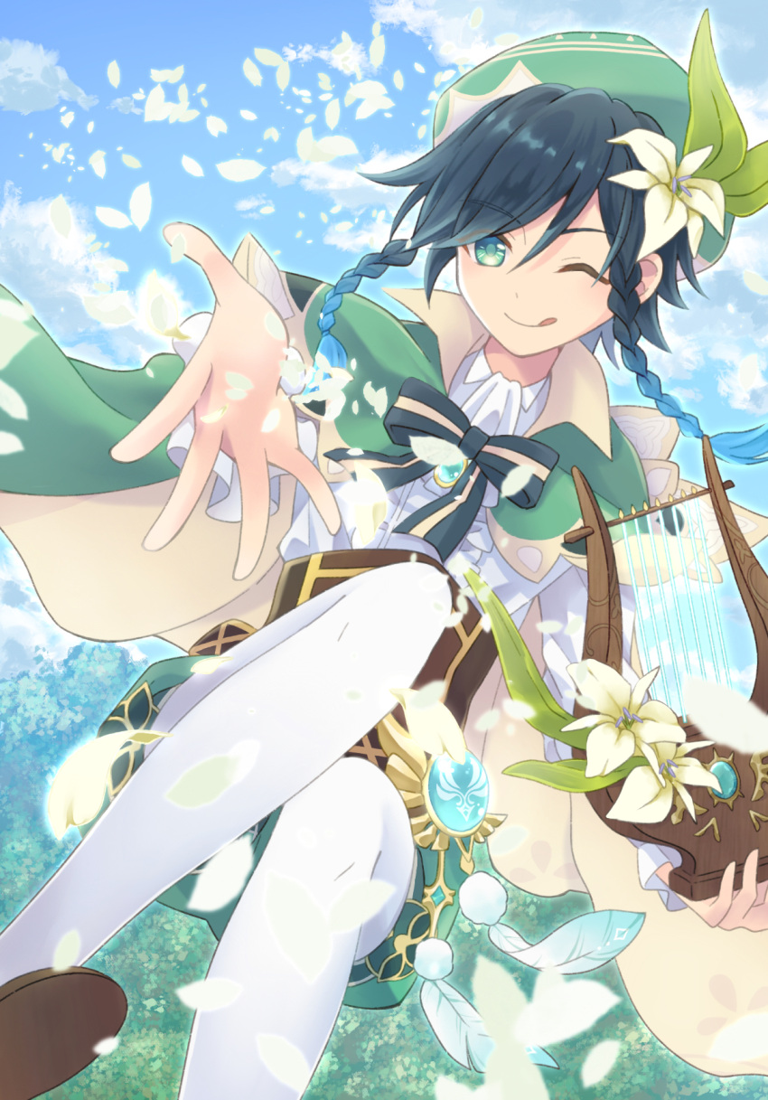 1boy :d androgynous bangs beret black_hair blue_hair bow braid brooch closed_mouth clouds cloudy_sky collared_cape collared_shirt commentary_request corset day eyebrows_visible_through_hair falling_petals feathers flower frilled_sleeves frills gem genshin_impact gradient_hair green_eyes green_headwear green_shorts hair_flower hair_ornament hat highres holding holding_instrument instrument jewelry kurotaka_oniku leaf long_sleeves looking_at_viewer lyre male_focus multicolored_hair one_eye_closed outdoors pantyhose petals reaching_out shirt shoes short_hair_with_long_locks shorts side_braids sidelocks sky smile solo tongue tongue_out twin_braids venti_(genshin_impact) vision_(genshin_impact) white_flower white_legwear white_shirt