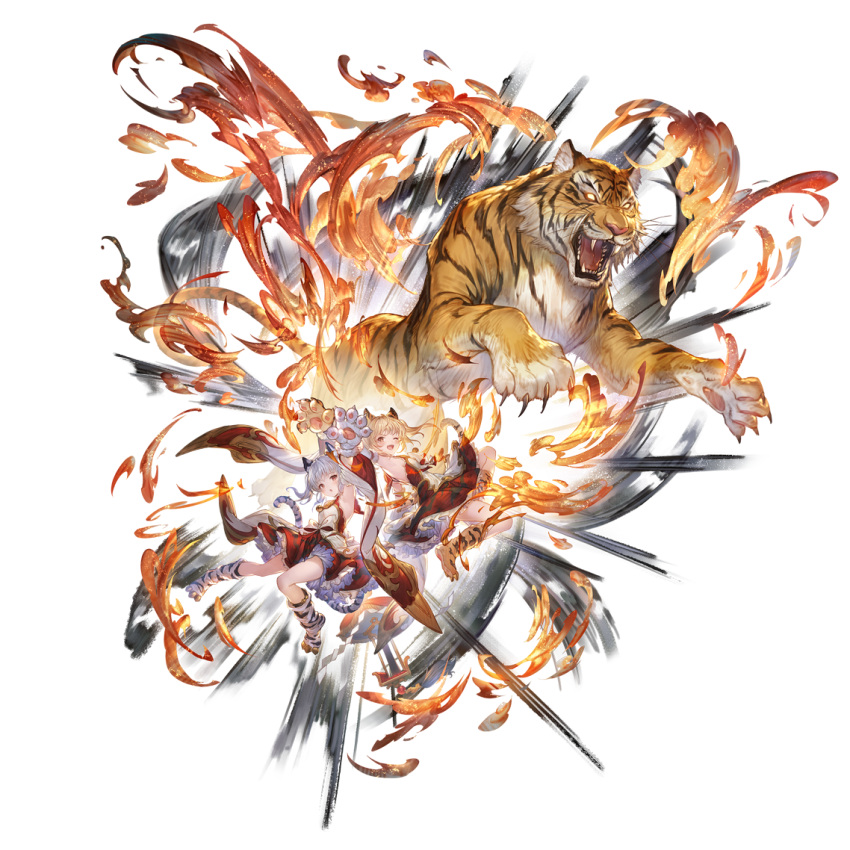 2girls alpha_transparency animal_ears animal_hands arm_up armpits bangs blonde_hair blush cindala dress erune full_body granblue_fantasy looking_at_viewer minaba_hideo multiple_girls official_art one_eye_closed open_mouth paw_shoes smile tail tiger tiger_ears tiger_girl tiger_paws tiger_tail transparent_background twintails wide_sleeves