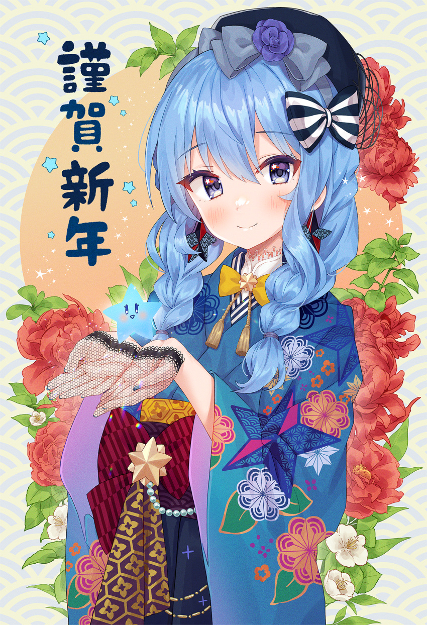 1girl bangs beret black_hakama black_headwear blue_eyes blue_hair blue_kimono blue_nails blush bow braid chobi_(penguin_paradise) closed_mouth commentary_request earrings eyebrows_visible_through_hair fishnet_gloves fishnets flower gloves grey_bow hair_between_eyes hair_bow hair_over_shoulder hakama hakama_skirt half_gloves hands_up hat highres hololive hoshimachi_suisei japanese_clothes jewelry kimono long_sleeves low_twintails nail_polish nengajou new_year purple_flower purple_rose rose skirt smile solo star_(symbol) star_earrings striped striped_bow twin_braids twintails virtual_youtuber wide_sleeves