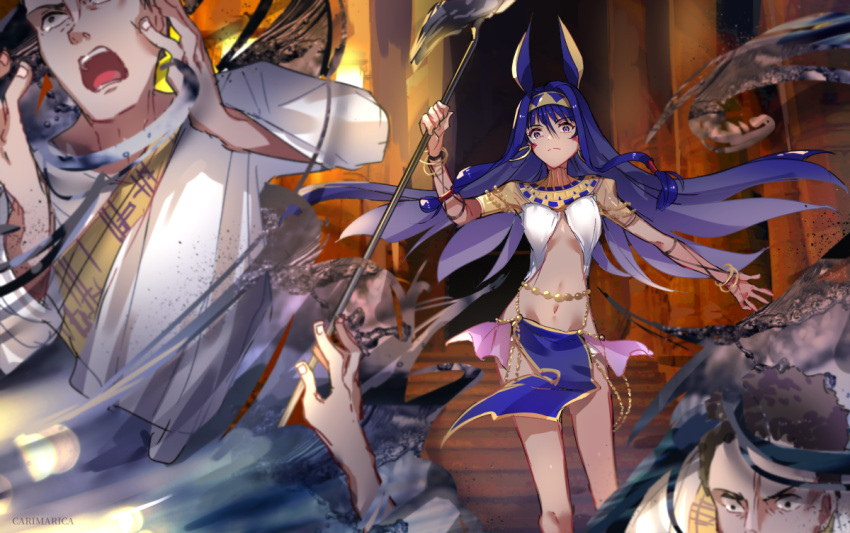 1girl 2boys animal_ears bangs belly_chain black_eyes bracelet brown_hair chain closed_mouth commentary_request dark-skinned_female dark_skin earrings egyptian_clothes eyebrows_visible_through_hair facepaint facial_mark fate/grand_order fate_(series) fingernails floating_hair hair_between_eyes hairband holding holding_staff holding_weapon hoop_earrings indoors jackal_ears jewelry long_hair long_sleeves looking_at_another magic multiple_boys navel nitocris_(fate) open_mouth pelvic_curtain purple_hair shirt short_hair sidelocks staff stomach teeth tongue usekh_collar very_long_hair violet_eyes weapon white_shirt zeromomo