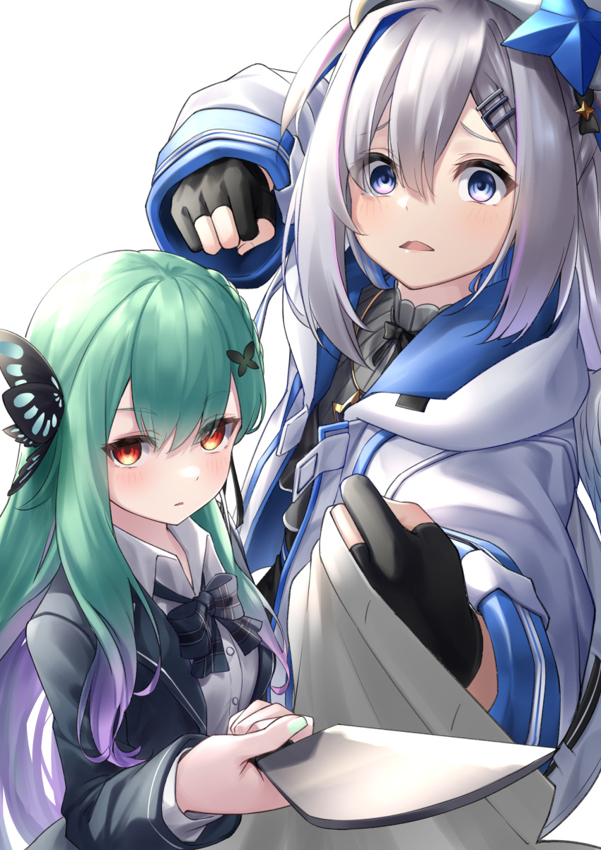 2girls amane_kanata butterfly_hair_ornament clenched_hand collar_grab gloves green_hair green_nails hair_ornament hat highres hololive hood hooded_jacket imminent_punch jacket knife long_hair multiple_girls partially_fingerless_gloves pov red_eyes silver_hair threat tsurupy uruha_rushia violet_eyes virtual_youtuber white_background