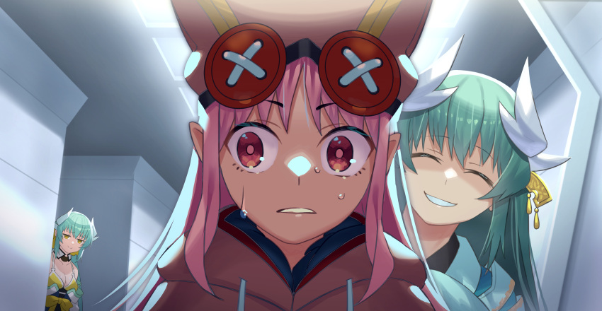 3girls absurdres around_corner beppu_mitsunaka bikini bikini_top breasts buttons closed_eyes closed_mouth dragon_girl dragon_horns fate/grand_order fate_(series) green_hair grin habetrot_(fate) hat highres horns indoors kiyohime_(fate) kiyohime_(swimsuit_lancer)_(fate) long_hair multiple_girls multiple_horns pink_hair smile stalking sweat swimsuit yellow_eyes