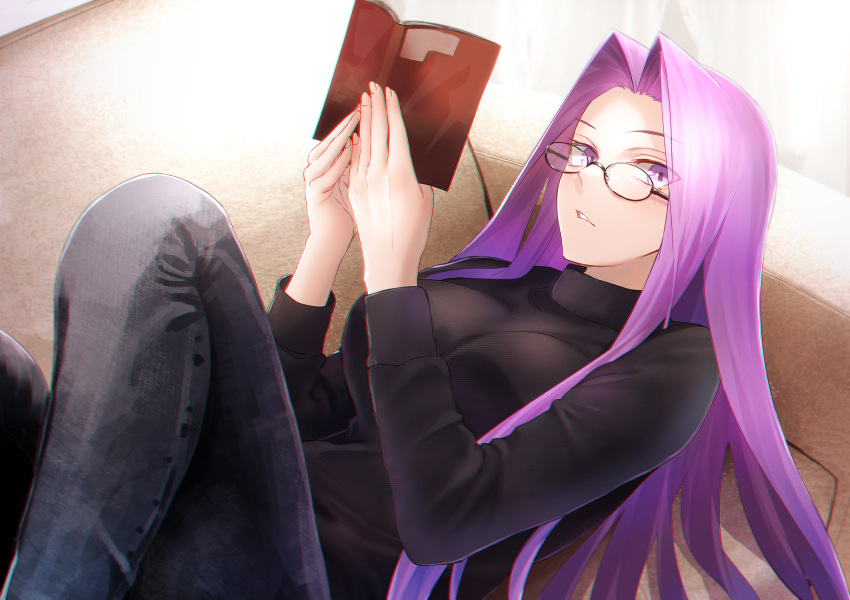 1girl bangs black_sweater book breasts denim fate/stay_night fate_(series) forehead glasses highres jeans large_breasts long_hair looking_at_viewer medusa_(fate) medusa_(rider)_(fate) minami_koyogi pants parted_bangs purple_hair sidelocks solo sweater very_long_hair violet_eyes