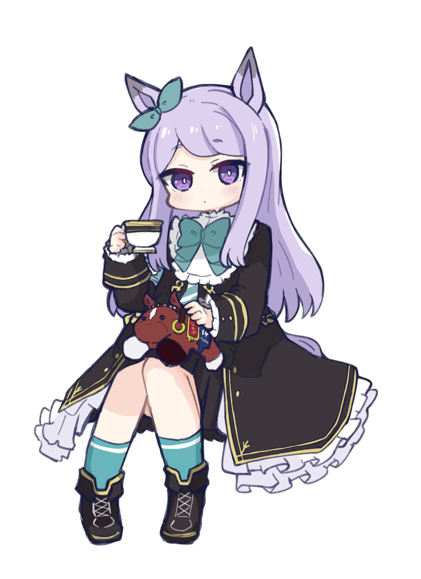 1girl animal_ears bangs black_footwear black_jacket black_skirt blue_legwear blush boots bow chibi commentary_request cross-laced_footwear cup ear_ribbon eyebrows_visible_through_hair frilled_jacket frilled_sleeves frills full_body green_bow green_ribbon hand_up highres hitomiz holding holding_cup horse_ears horse_girl horse_tail jacket lace-up_boots long_hair long_sleeves looking_at_viewer mejiro_mcqueen_(umamusume) pleated_skirt purple_hair ribbon simple_background sitting skirt sleeves_past_wrists socks solo stuffed_animal stuffed_horse stuffed_toy swept_bangs tail thick_eyebrows tokai_teio_(racehorse) umamusume very_long_hair violet_eyes white_background