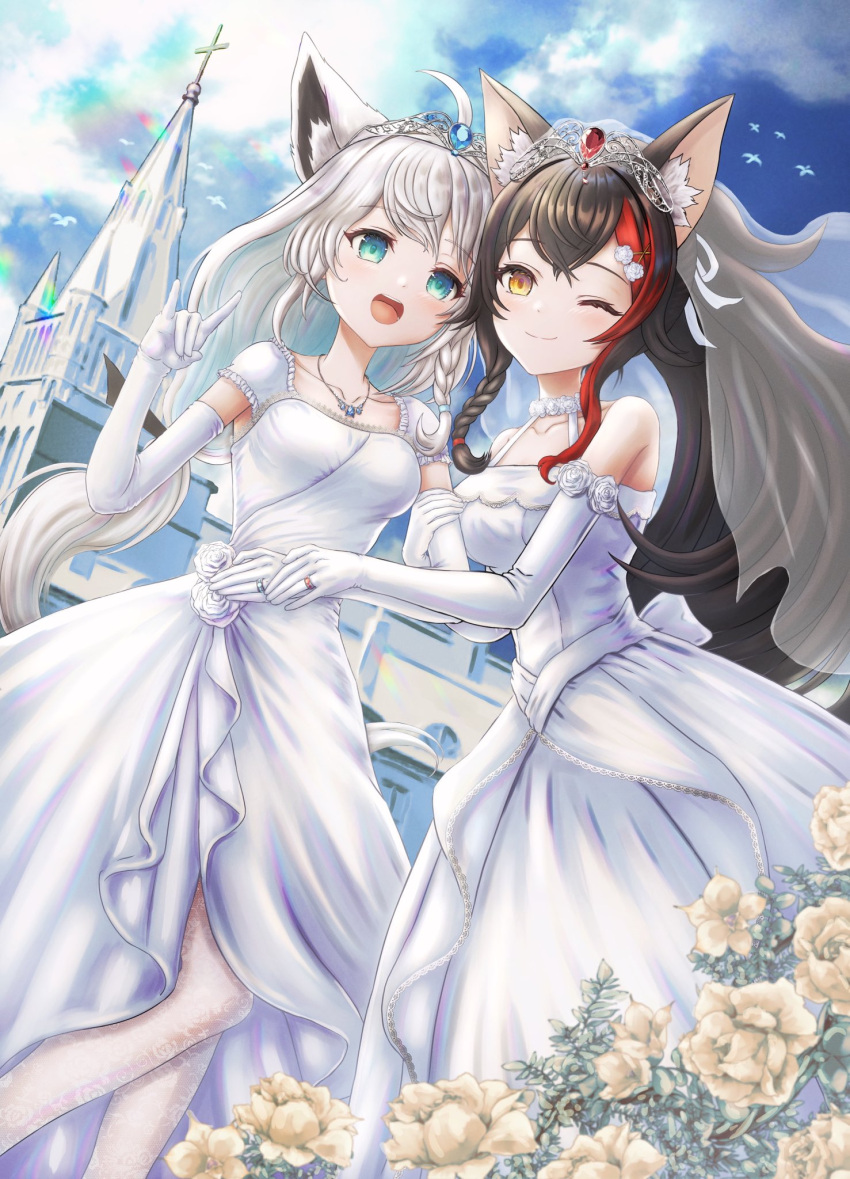 2girls animal_ear_fluff animal_ears bangs bare_shoulders black_hair braid breasts church clouds cloudy_sky collarbone commentary_request dress elbow_gloves eyebrows_visible_through_hair flower_request fox_ears fox_girl fox_shadow_puppet gloves green_eyes hair_between_eyes hair_ornament hairclip highres holding_another's_arm hololive jewelry lace long_hair looking_at_viewer medium_breasts multicolored_hair multiple_girls necklace one_eye_closed ookami_mio open_mouth outdoors redhead ring shirakami_fubuki sidelocks single_braid sky small_breasts smile streaked_hair tiara veil virtual_youtuber wajuniorbox wedding_band wedding_dress white_dress white_gloves white_hair white_legwear wife_and_wife wolf_ears wolf_girl yellow_eyes