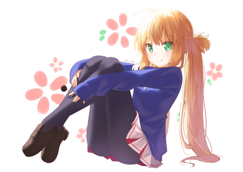 1girl absurdres ahoge alternate_costume aro_1801 artoria_pendragon_(caster)_(fate) artoria_pendragon_(fate) bangs black_footwear black_legwear blonde_hair blue_cardigan blush candy cardigan closed_mouth eyebrows_visible_through_hair fate/grand_order fate_(series) floral_background food green_eyes hair_between_eyes highres holding holding_candy holding_food holding_lollipop knees_to_chest loafers lollipop long_hair long_sleeves looking_at_viewer miniskirt mixed-language_commentary pantyhose pleated_skirt red_skirt shoes sidelocks sitting skirt sleeves_past_wrists smile solo tongue tongue_out twintails twitter_username two-tone_skirt very_long_hair white_skirt