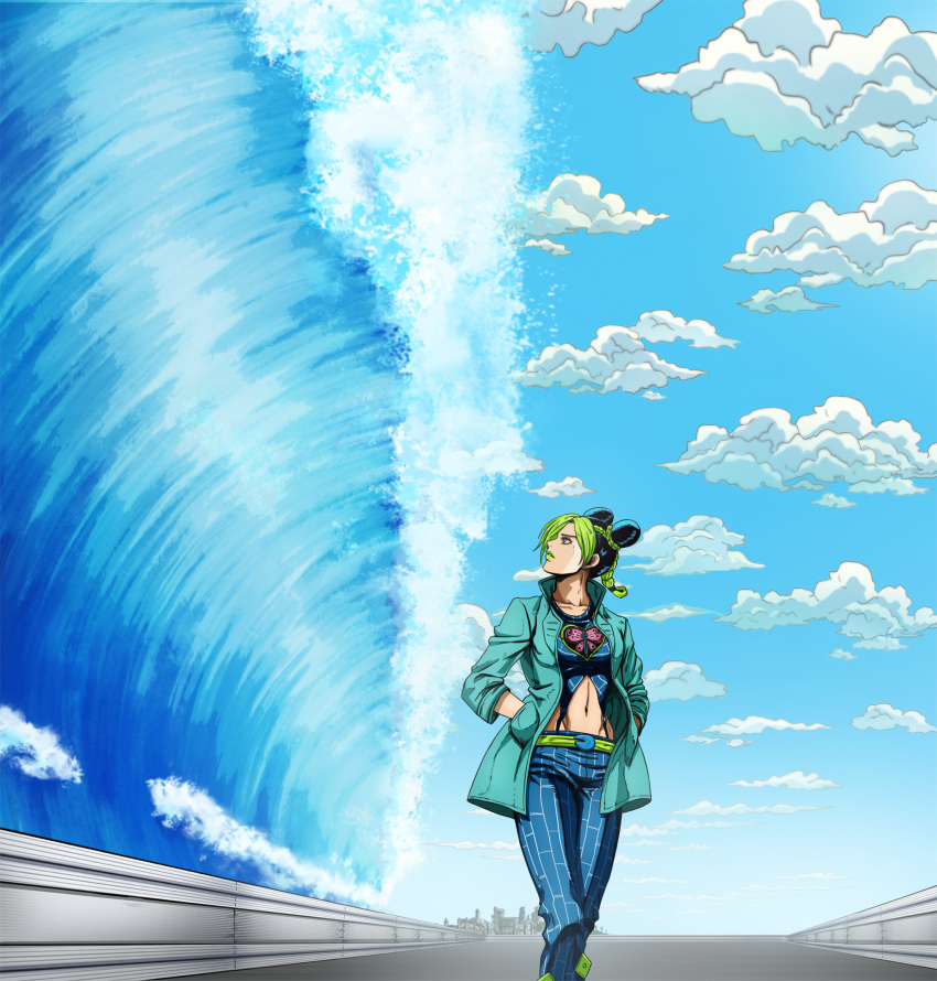 1girl black_hair blue_jacket blue_pants blue_sky braid chinese_commentary city clouds collarbone commentary_request cowboy_shot double_bun green_belt green_eyes green_hair green_lips guard_rail hands_in_pockets highres horizon jacket jojo_no_kimyou_na_bouken kujo_jolyne looking_to_the_side midriff multicolored_hair nami_yo_kiite_kure navel open_clothes open_jacket outdoors pants parody pie_na_yidao road sky solo stone_ocean two-tone_hair walking water waves