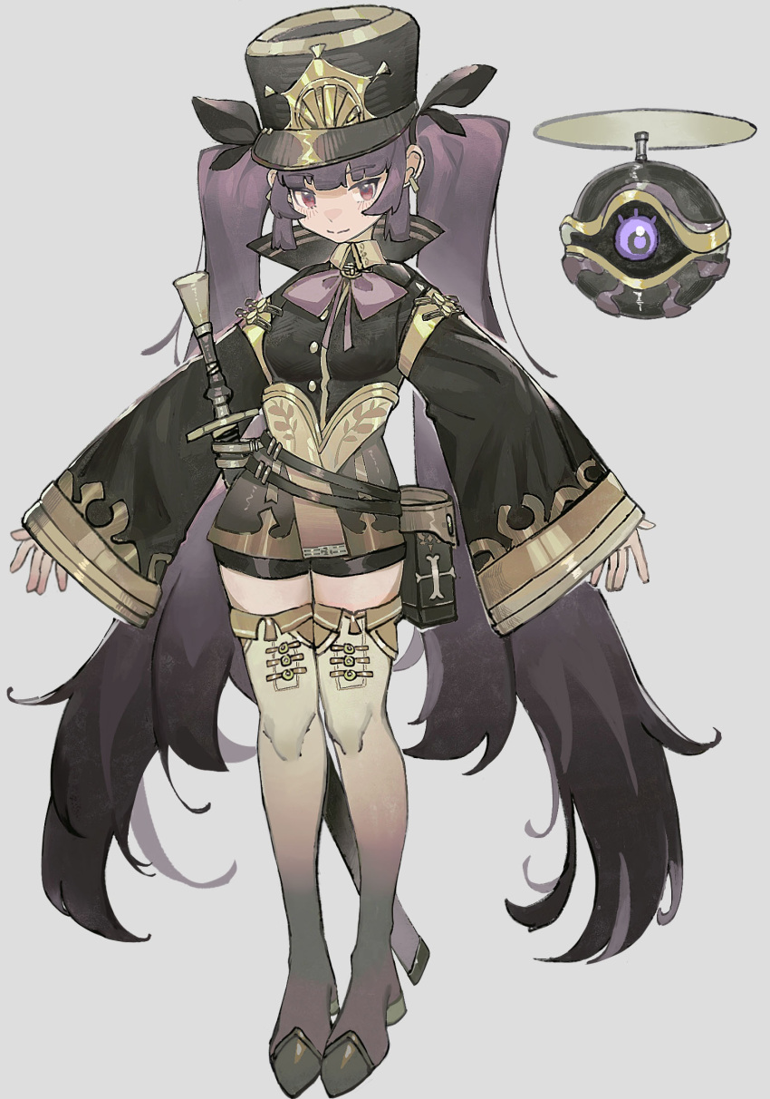 1girl belt_pouch black_headwear black_jacket black_shorts boots closed_mouth commentary drone full_body grey_background grey_footwear grey_legwear hat highres jacket light_smile long_hair long_sleeves looking_at_viewer noco_(pixiv14976070) original pouch purple_hair shako_cap shorts simple_background sleeves_past_wrists solo thigh-highs thigh_boots twintails very_long_hair violet_eyes