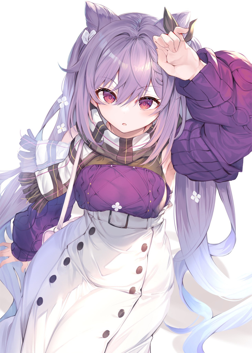 1girl bag bangs bare_shoulders black_scarf blush breasts buttons detached_sleeves double-breasted double_bun fal_maro genshin_impact grey_skirt highres keqing_(genshin_impact) long_hair long_shirt looking_at_viewer medium_breasts plaid plaid_scarf purple_hair purple_sweater scarf shoulder_bag skirt sleeveless sleeveless_sweater solo sweater swept_bangs twintails violet_eyes white_skirt