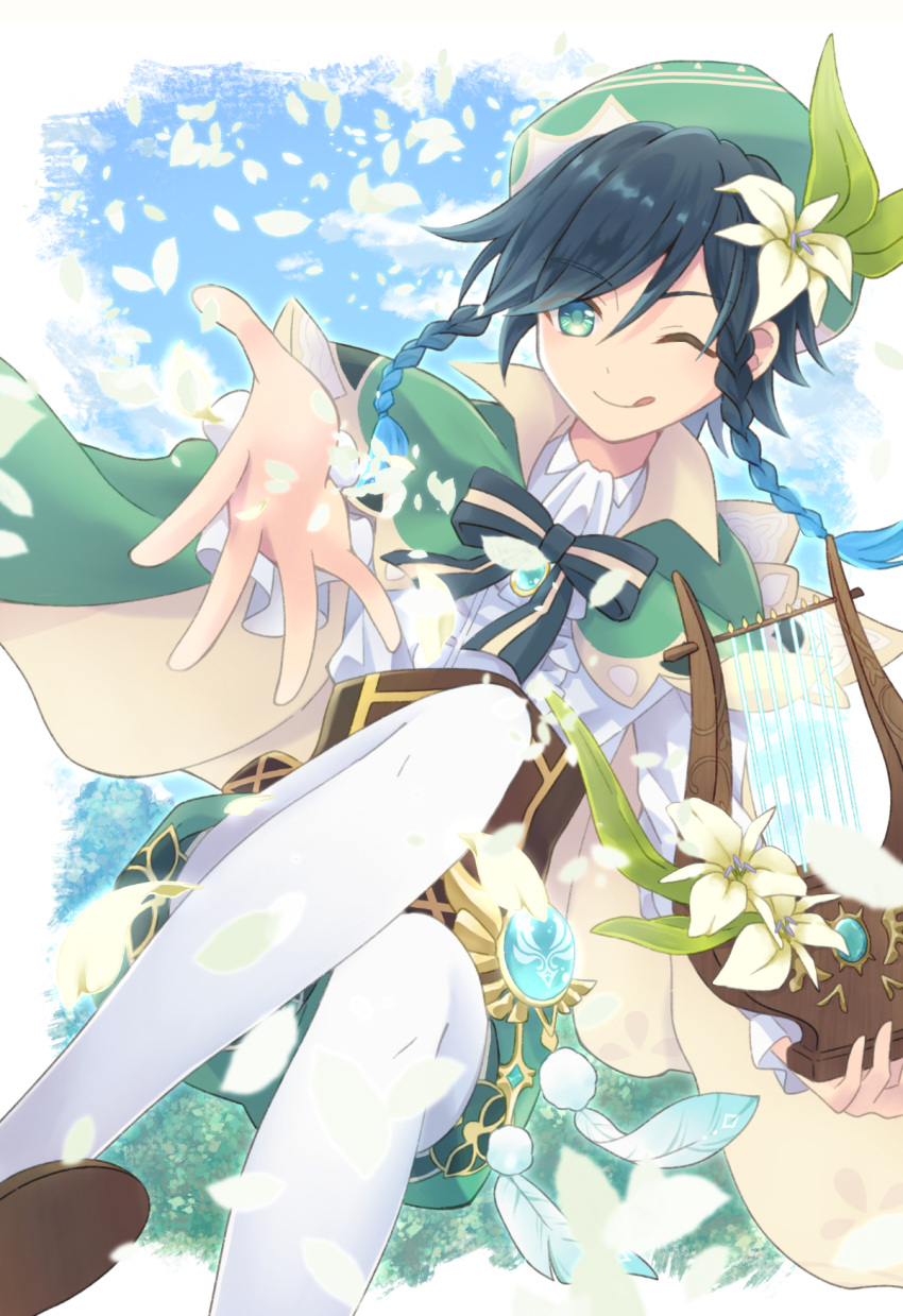 1boy :d androgynous bangs beret black_hair blue_hair bow braid brooch closed_mouth clouds cloudy_sky collared_cape collared_shirt commentary_request corset day eyebrows_visible_through_hair falling_petals feathers flower frilled_sleeves frills gem genshin_impact gradient_hair green_eyes green_headwear green_shorts hair_flower hair_ornament hat highres holding holding_instrument instrument jewelry kurotaka_oniku leaf long_sleeves looking_at_viewer lyre male_focus multicolored_hair one_eye_closed outdoors pantyhose petals reaching_out shirt shoes short_hair_with_long_locks shorts side_braids sidelocks sky smile solo tongue tongue_out twin_braids venti_(genshin_impact) vision_(genshin_impact) white_flower white_legwear white_shirt