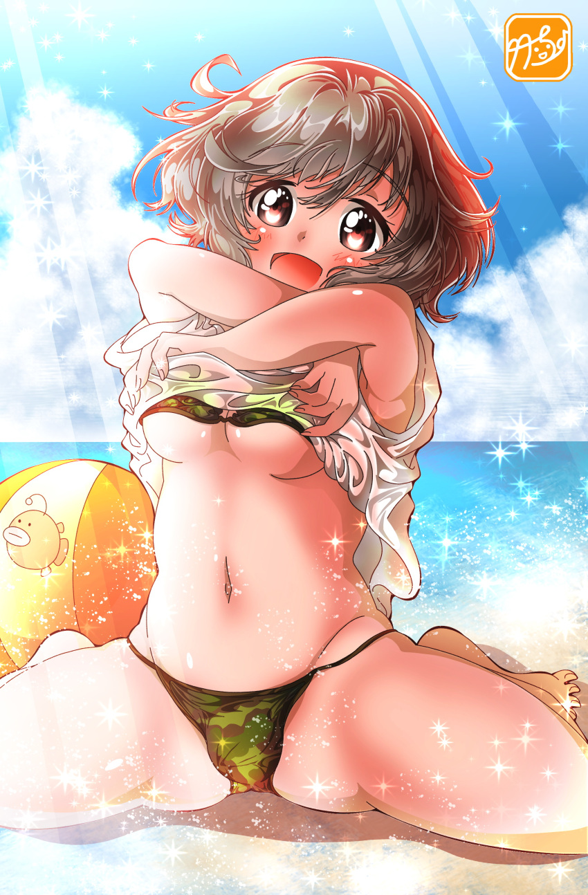 1girl absurdres akiyama_yukari anglerfish artist_logo ball bangs barefoot beach beachball bikini blue_sky breasts camouflage camouflage_bikini clothes_lift clouds cloudy_sky commentary_request commission day emblem eyebrows_visible_through_hair girls_und_panzer green_bikini groin highres horizon lifted_by_self looking_at_viewer medium_breasts messy_hair navel ocean open_mouth outdoors partial_commentary pixiv_request shirt shirt_lift short_hair short_sleeves sitting sky smile solo sparkle spread_legs string_bikini swimsuit t-shirt takecho under_boob undressing wariza white_shirt
