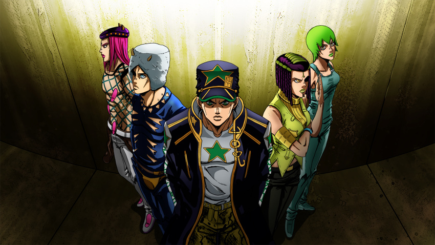 2girls 3boys arm_guards black_hair black_pants blue_eyes bracelet camouflage camouflage_pants commentary_request ermes_costello fisheye fishnets foo_fighters from_above full_body fur_hat gakuran gold_trim green_eyes green_hair hairlocs hand_up hands_in_pockets hat highres horns jewelry jojo_no_kimyou_na_bouken kujo_jotaro looking_at_viewer looking_away multicolored_hair multiple_boys multiple_girls nami_yo_kiite_kure narciso_anasui overalls pants parody pink_hair pink_lips school_uniform shirt sleeveless sleeveless_turtleneck standing star_(symbol) star_print stone_ocean sweater turtleneck turtleneck_sweater two-tone_hair wall weather_report white_pants white_shirt yellow_eyes yellow_sweater