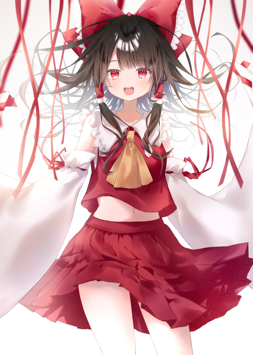 1girl :d ascot bangs bare_shoulders blush bow breasts brown_hair commentary_request crossed_arms detached_sleeves dress eyebrows_visible_through_hair eyes_visible_through_hair feet_out_of_frame frills furawast hair_between_eyes hair_tubes hakurei_reimu highres long_hair long_sleeves looking_at_viewer medium_breasts navel ofuda open_mouth red_bow red_dress red_eyes red_ribbon red_skirt ribbon simple_background skirt smile solo stomach tape teeth thighs tongue touhou upper_body upper_teeth white_background wide_sleeves yellow_ascot