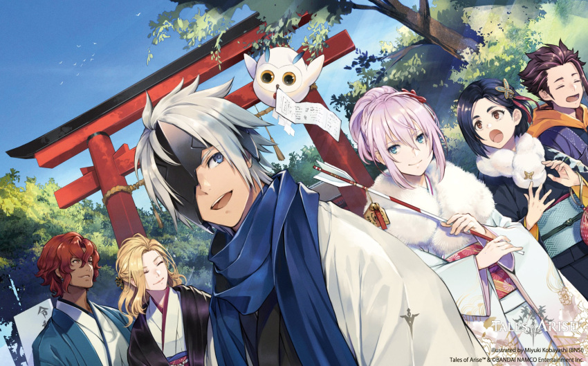 1girl alphen_(tales) bangs black_hair blonde_hair blue_eyes broken_mask dark-skinned_male dark_skin hair_between_eyes hair_ornament happy_new_year highres holding japanese_clothes kimono law_(tales) long_hair long_sleeves looking_at_viewer mask multiple_girls new_year obi open_mouth pink_hair ponytail rinwell_(tales) sash shionne_(tales) short_hair sidelocks silver_hair smile tales_of_(series) tales_of_arise very_long_hair wide_sleeves