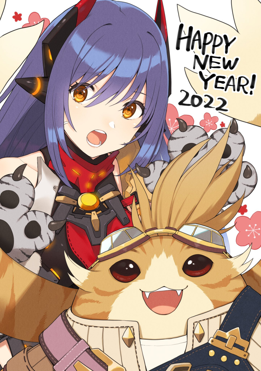 1boy 1girl 2022 :d :o android bangs blue_hair breasts commentary_request eyebrows_visible_through_hair happy_new_year highres kinagi_(3307377) long_hair looking_at_viewer new_year poppi_(xenoblade) poppi_qtpi_(xenoblade) smile tora_(xenoblade_2) xenoblade_chronicles_(series) xenoblade_chronicles_2 yellow_eyes