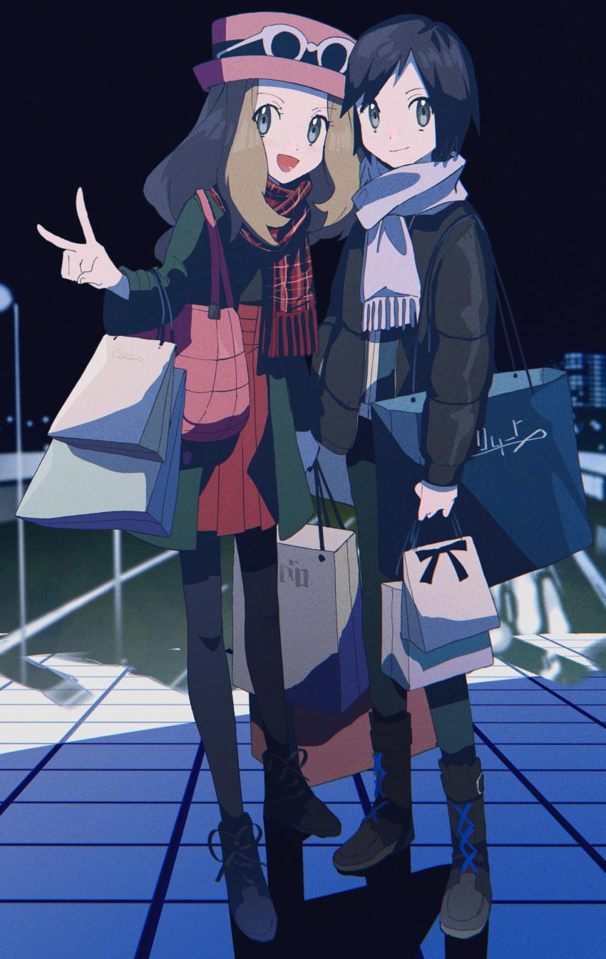 1boy 1girl :d absurdres asagiri_kogen bag black_legwear boots brown_hair calem_(pokemon) chromatic_aberration coat commentary_request eyewear_on_headwear grey_scarf hat highres holding long_hair lower_teeth open_clothes open_coat open_mouth pantyhose pink_headwear plaid plaid_scarf pleated_skirt pokemon pokemon_(game) pokemon_xy red_skirt scarf serena_(pokemon) shoes shopping_bag skirt smile standing sunglasses teeth tile_floor tiles tongue v