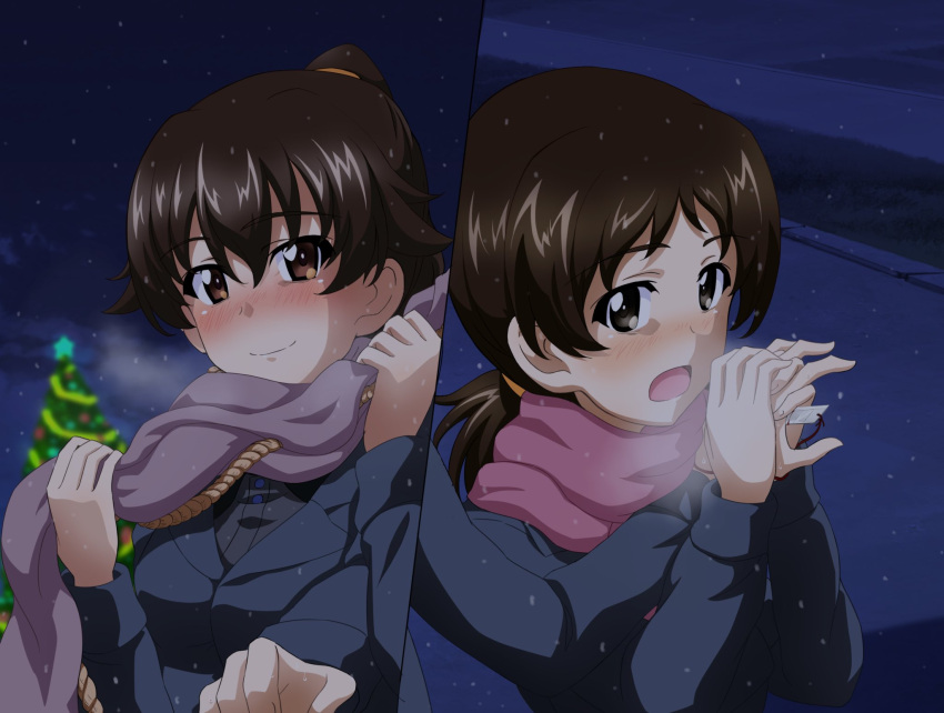 2girls bangs blue_coat blurry blurry_background blush breath brown_eyes brown_hair christmas christmas_tree closed_mouth coat commentary depth_of_field girls_und_panzer hair_tie highres holding_hands itsumi_erika's_gunner itsumi_erika's_loader key_(gaigaigai123) long_hair long_sleeves low_twintails medium_hair multiple_girls night night_sky outdoors ponytail purple_scarf scarf sky smile star_(sky) starry_sky twintails yuri
