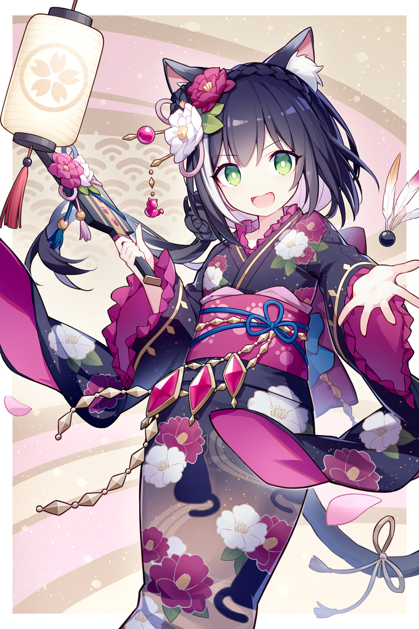 1girl :d abstract_background alternate_costume alternate_hairstyle animal_ear_fluff animal_ears animal_print bangs black_hair black_kimono blue_ribbon border braid bright_pupils brown_ribbon cat_ears cat_girl cat_print cat_tail cowboy_shot crown_braid eyebrows_visible_through_hair fang feathers feet_out_of_frame floral_print flower green_eyes hagoita hair_bun hair_flower hair_ornament hanetsuki highres japanese_clothes karyl_(princess_connect!) kimono lantern long_sleeves looking_at_viewer low_ponytail multicolored_hair obi outside_border outstretched_arm paddle paper_lantern pink_flower princess_connect! print_kimono quan_(kurisu_tina) ribbon sash smile solo spread_fingers streaked_hair tail tail_ornament tail_ribbon tassel two-tone_hair white_border white_flower white_hair wide_sleeves yukata