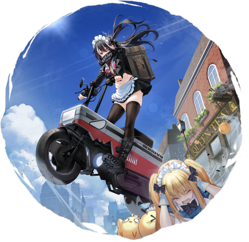 2girls apron azur_lane black_footwear black_hair black_nails black_panties black_skirt blue_sky boots breasts covered_mouth cross day ear_piercing eyebrows_visible_through_hair floating_hair foreshortening frilled_apron frills ground_vehicle highres icarus_(at_your_service)_(azur_lane) icarus_(azur_lane) iron_cross large_breasts lens_flare long_hair long_sleeves looking_at_viewer looking_down maid_headdress manjuu_(azur_lane) miniskirt motor_vehicle multicolored_hair multiple_girls nail_polish navel official_alternate_costume official_art one_side_up ootsuki_momiji outdoors panties piercing red_eyes skindentation skirt sky streaked_hair thigh-highs thighs transparent_background u-47_(azur_lane) u-47_(urban_maid)_(azur_lane) underwear unzipped waist_apron white_apron zipper zipper_pull_tab