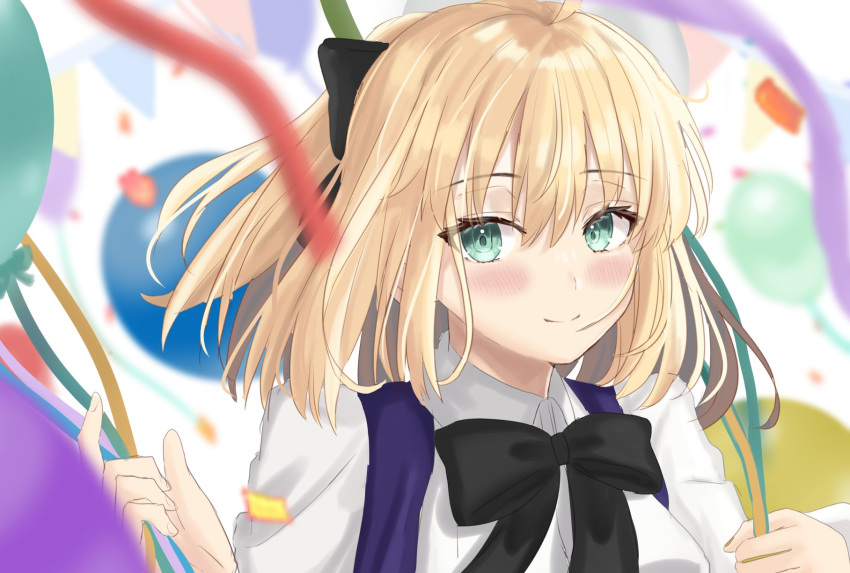1girl :d ahoge artoria_pendragon_(all) balloon bangs black_bow black_neckwear black_ribbon blonde_hair blue_dress boots bow brown_footwear cross-laced_footwear dress eyebrows_visible_through_hair fate/grand_order fate/unlimited_codes fate_(series) green_eyes hair_bow haruka_(pixiv14974055) highres holding_balloon long_sleeves looking_at_viewer ribbon saber_lily short_hair simple_background sitting smile solo white_background