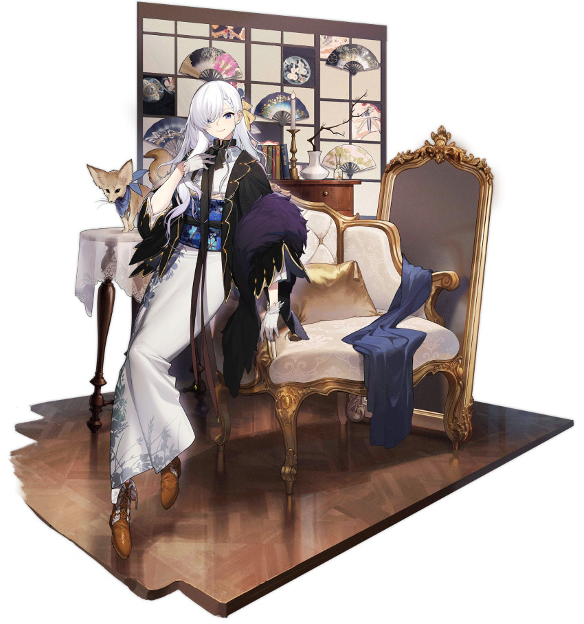 1girl animal azur_lane belfast_(azur_lane) belfast_(folded_fascination)_(azur_lane) blue_sash feather_boa fennec_fox floral_print folding_fan gebijiade_89 gloves hair_over_one_eye hand_fan highres japanese_clothes kimono long_hair looking_at_viewer mirror official_alternate_costume official_art sash solo transparent_background violet_eyes white_gloves white_kimono