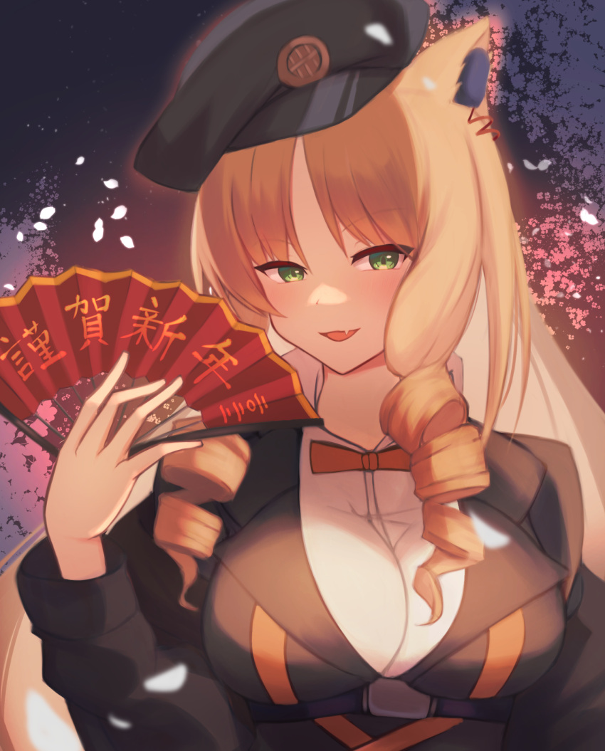 1girl :d animal_ears arknights bangs black_headwear black_jacket blonde_hair blush breasts commentary_request earpiece eyebrows_visible_through_hair fang folding_fan green_eyes hand_fan highres holding holding_fan jacket large_breasts long_hair looking_at_viewer parted_bangs petals ringlets sanukiske shirt sidelocks skin_fang smile solo swire_(arknights) tiger_ears translation_request underbust upper_body white_shirt