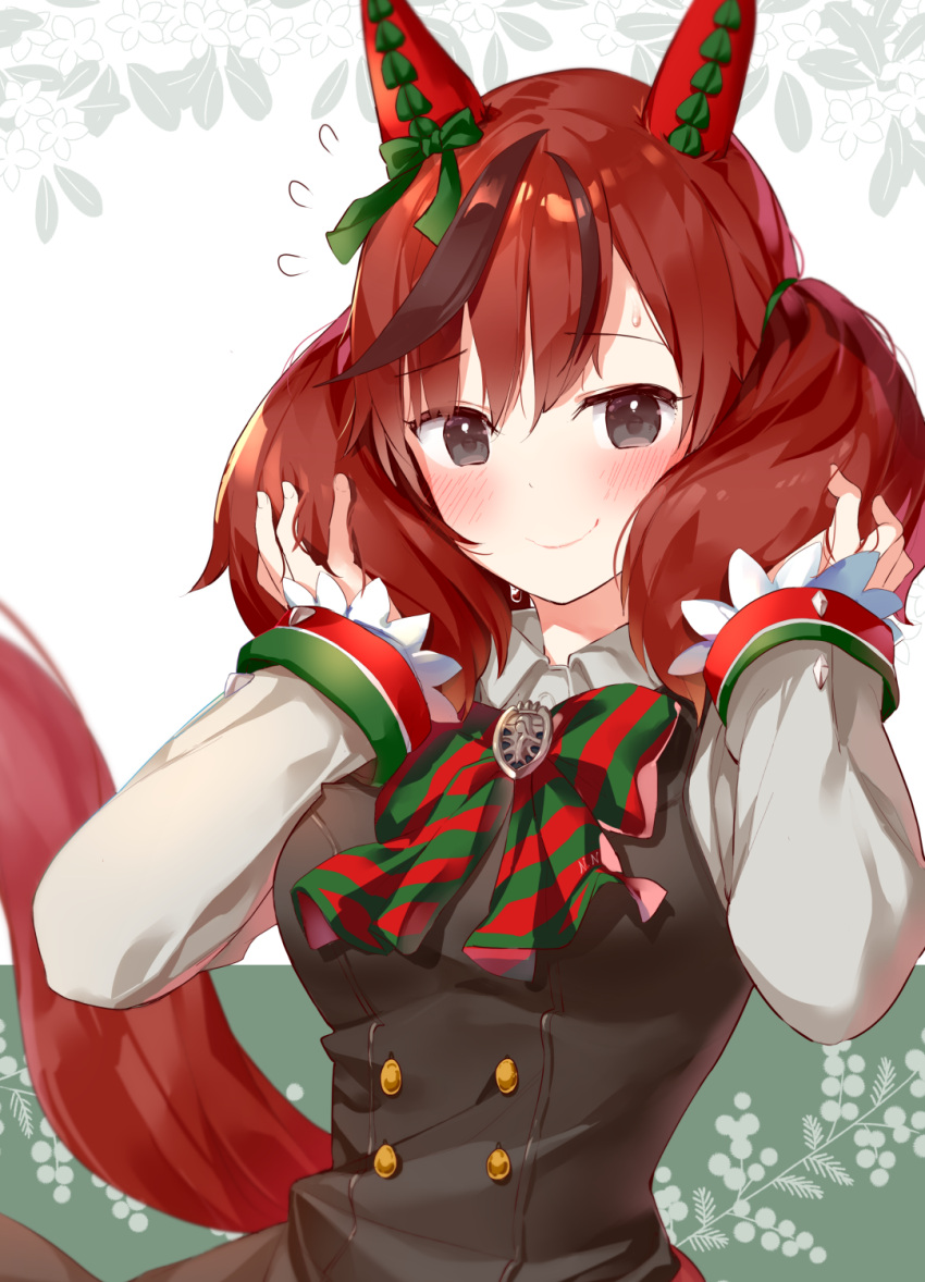 1girl animal_ears bangs blush bow bowtie brown_eyes brown_hair buttons closed_mouth colored_tips dot_nose double-breasted ear_covers ear_ribbon eyebrows_visible_through_hair green_bow green_bowtie green_ribbon hair_between_eyes highres horse_ears horse_girl horse_tail horseshoe_ornament long_sleeves looking_at_viewer medium_hair multicolored_hair nice_nature_(umamusume) parted_lips red_bow red_bowtie redhead ribbon school_uniform shirt smile solo streaked_hair striped striped_bow striped_bowtie tail takasaka_donten twintails two-tone_bowtie umamusume upper_body