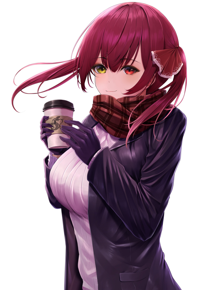 1girl absurdres bangs black_coat black_gloves black_jacket blush breasts chun_(sks_rr) coat cup disposable_cup floating_hair gloves hair_over_shoulder hair_ribbon hands_up heterochromia highres holding holding_cup hololive houshou_marine jacket large_breasts leather leather_jacket lipgloss long_hair long_sleeves looking_at_viewer plaid plaid_scarf red_eyes red_scarf redhead ribbed_sweater ribbon scarf simple_background smile solo steam sweater twintails upper_body virtual_youtuber white_background white_sweater wind yellow_eyes