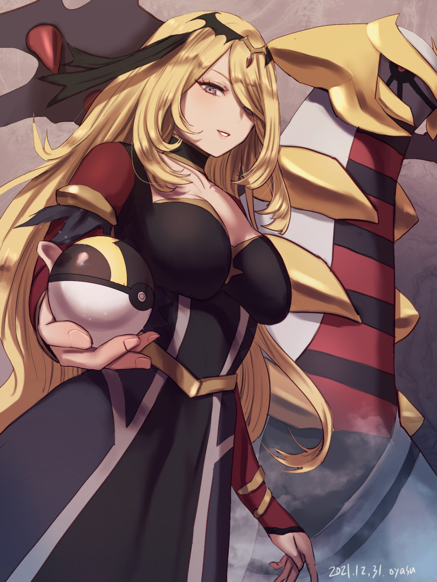 1girl black_choker blonde_hair breasts choker collarbone commentary_request cynthia_(pokemon) dated dress eyelashes fingernails from_below giratina giratina_(altered) grey_eyes hair_ornament hair_over_one_eye highres holding holding_poke_ball long_hair long_sleeves looking_down official_alternate_costume oyasu parted_lips poke_ball pokemon pokemon_(creature) pokemon_(game) pokemon_masters_ex sidelocks signature smile ultra_ball