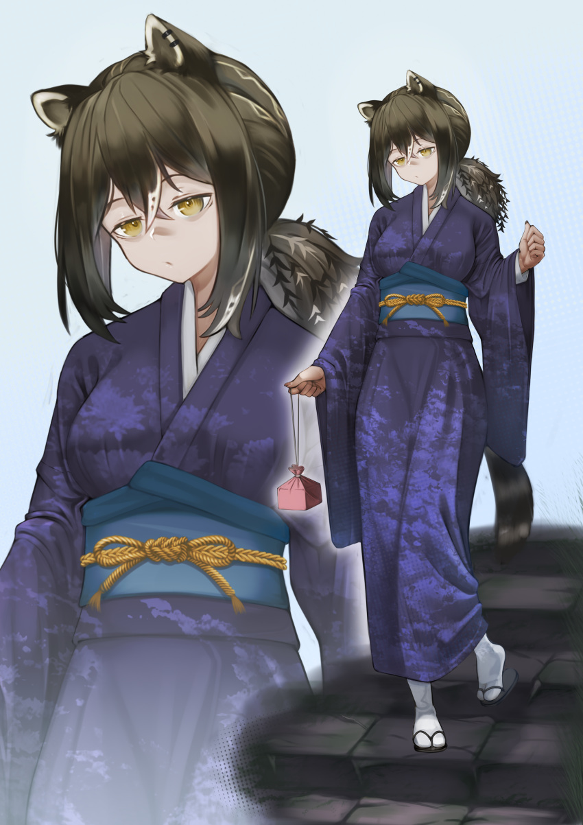1girl absurdres alternate_costume animal_ears arknights bag bags_under_eyes breasts brown_hair closed_mouth cloverse6 commentary english_commentary expressionless eyebrows_visible_through_hair full_body highres holding holding_bag japanese_clothes kimono long_sleeves low_ponytail medium_breasts multicolored_hair obi print_kimono purple_kimono raccoon_ears raccoon_girl raccoon_tail robin_(arknights) sash solo stairs streaked_hair tabi tail two-tone_hair walking white_legwear wide_sleeves yellow_eyes yukata zoom_layer