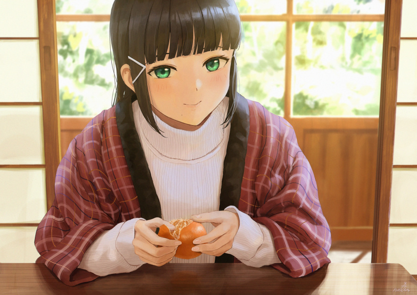1girl bangs black_hair blunt_bangs blush closed_mouth day eyebrows_visible_through_hair food fruit green_eyes hair_ornament hairclip hanten_(clothes) holding holding_food indoors kurosawa_dia long_hair long_sleeves looking_at_viewer love_live! love_live!_sunshine!! mandarin_orange mole mole_under_mouth open_clothes papi_(papiron100) plaid pov_across_table reflection reflective_table shouji sidelocks sleeves_past_wrists sliding_doors smile solo sweater table upper_body white_sweater wooden_table