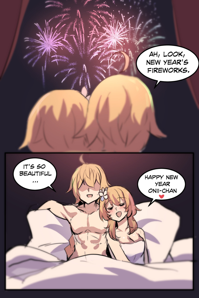 1boy 1girl absurdres aether_(genshin_impact) after_sex ahoge bangs bed blush english_commentary eyebrows_visible_through_hair fireworks flower genshin_impact hair_between_eyes hair_flower hair_ornament highres hinghoi incest lumine_(genshin_impact) new_year nude short_hair siblings twins