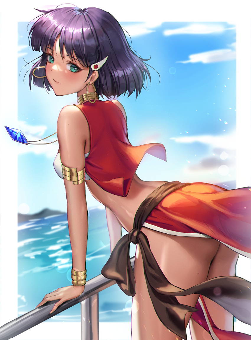 1girl aqua_eyes armlet bangs bare_shoulders blue_sky blush bracelet breasts closed_mouth clouds cloudy_sky commentary_request cropped_jacket dark_skin day earrings fushigi_no_umi_no_nadia hair_ornament highres hoop_earrings jacket jademoon jewelry lips looking_at_viewer medium_breasts midriff nadia_la_arwall neck_ring necklace open_clothes open_jacket outdoors purple_hair shiny shiny_hair shiny_skin short_hair simple_background sky sleeveless smile thighs water