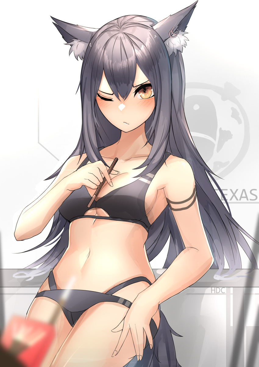 1girl absurdres animal_ear_fluff animal_ears arknights bangs bare_arms bare_shoulders black_hair blush breasts brown_eyes character_name cowboy_shot earrings food hair_between_eyes highres holding holding_food jewelry long_hair looking_at_viewer one_eye_closed penguin_logistics_logo pocky small_breasts solo standing tail texas_(arknights) thighs weyas_kayur wolf_ears wolf_tail