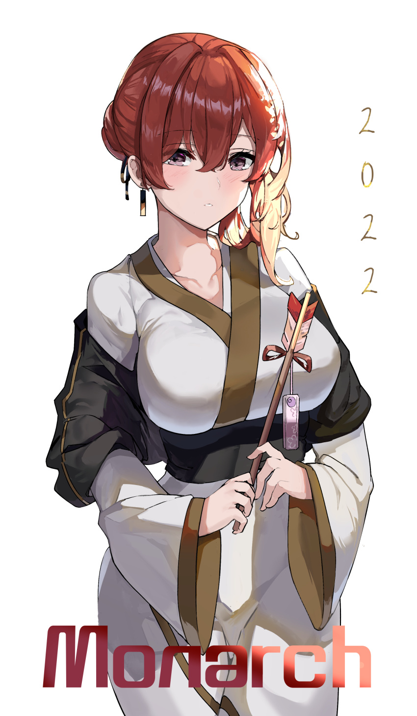 1girl 2022 absurdres arrow_(projectile) azur_lane bangs blush breasts character_name cowboy_shot earrings eyebrows_visible_through_hair hamaya highres holding holding_arrow japanese_clothes jewelry kimono large_breasts long_hair long_sleeves looking_at_viewer manu_(pixiv41646715) monarch_(azur_lane) new_year obi parted_lips redhead sash shawl simple_background solo underbust violet_eyes white_background white_kimono wide_sleeves