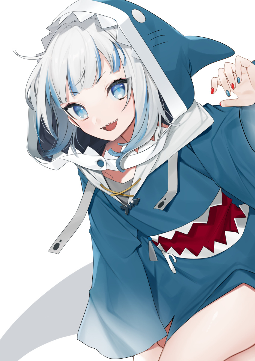 1girl :d absurdres animal_hood arm_up bangs blue_eyes blue_hair blue_hoodie blue_nails blush buttons commentary commentary_request daimaou_ruaeru drawstring eyebrows_visible_through_hair gawr_gura hands_up highres hololive hololive_english hood hood_up hoodie long_sleeves looking_at_viewer multicolored_hair multicolored_nails nail_polish open_mouth red_nails shark_hood sharp_teeth silver_hair sitting smile solo strap streaked_hair tail teeth thighs tongue upper_body virtual_youtuber white_background wide_sleeves