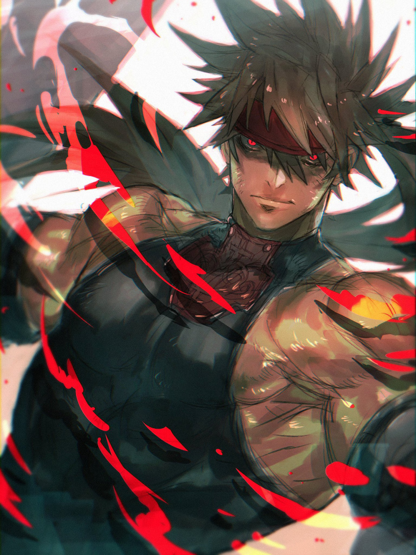 1boy bandana bare_shoulders biceps black_shirt brown_hair covered_abs fire glowing glowing_eyes guilty_gear headgear highres looking_at_viewer male_focus muscular muscular_male open_clothes pectorals ponytail red_eyes serious shirt shoulders sidepec simple_background sleeveless sleeveless_shirt sol_badguy solo spiky_hair tight tight_shirt yohane_shimizu