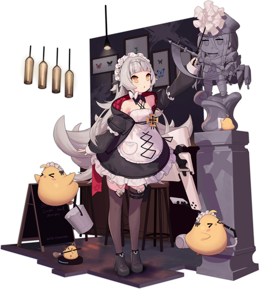 1girl azur_lane bare_shoulders bismarck_(azur_lane) black_footwear black_legwear bug butterfly cameo full_body grey_hair hair_ornament highres indoors kinjo_kuromomo long_hair maid maid_headdress manjuu_(azur_lane) official_alternate_costume official_art ribbon roomba sculpture standing thigh-highs thigh_strap transparent_background yellow_eyes z46_(azur_lane) z46_(chronicles_of_the_dust_war)_(azur_lane)