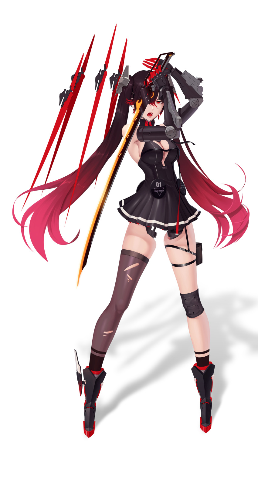1girl :o absurdres android bangs black_dress black_footwear boots brown_gloves colomar dress elbow_gloves full_body gloves highres holding holding_sword holding_weapon katana knee_pads long_hair looking_at_viewer lucia_(punishing:_gray_raven) open_mouth punishing:_gray_raven redhead shadow simple_background single_knee_pad single_thighhigh sleeveless sleeveless_dress solo standing sword thigh-highs twintails weapon white_background