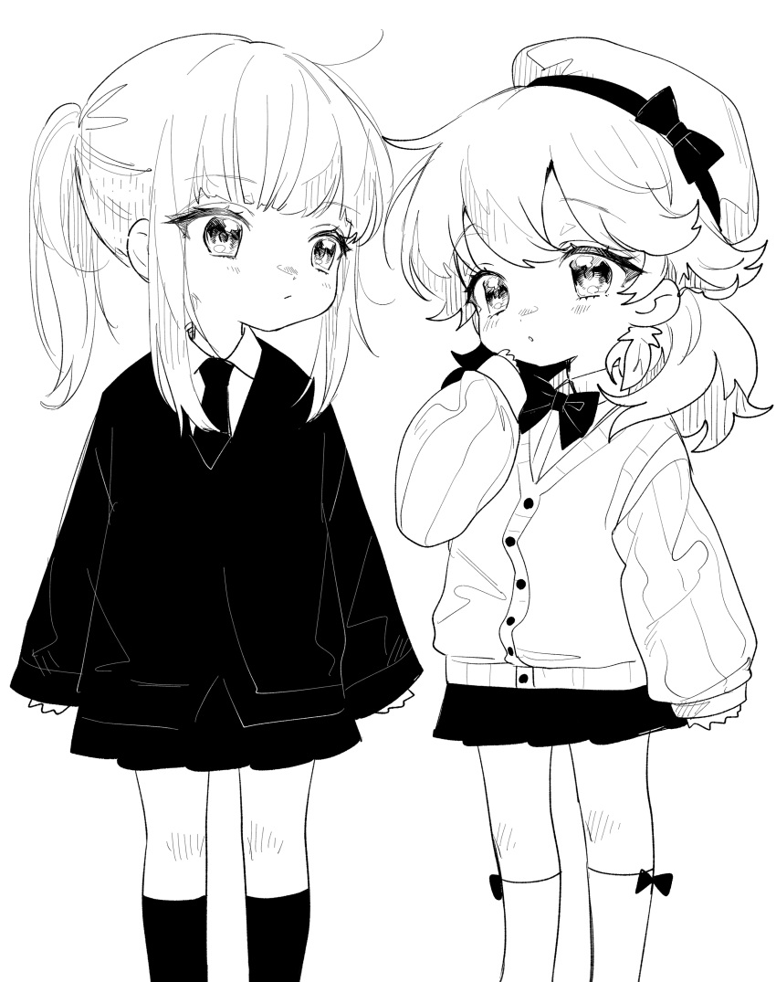 2girls :o absurdres bangs beret blush bow bowtie child closed_mouth collared_shirt commentary greyscale hand_to_own_mouth hand_up hat highres hololive ishita_umi jacket kneehighs long_hair long_sleeves looking_at_another monochrome mori_calliope multiple_girls necktie parted_lips ponytail shirt sidelocks skirt sleeves_past_wrists sparkling_eyes standing takanashi_kiara