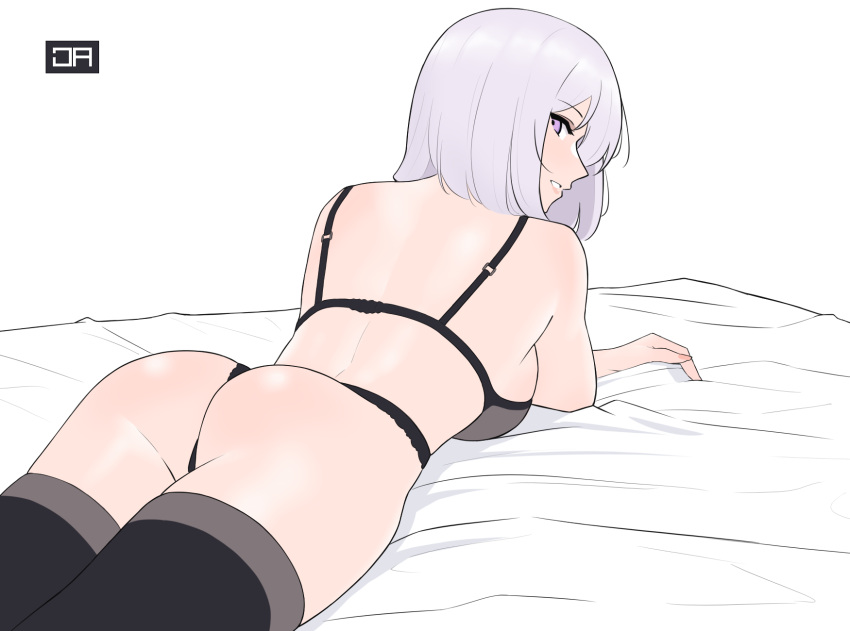 1girl ass black_bra black_legwear black_panties bra breasts cowboy_shot girls_frontline grin highres j_adsen large_breasts looking_at_viewer looking_back lying on_stomach panties rpk-16_(girls'_frontline) short_hair silver_hair smile solo thigh-highs underwear underwear_only violet_eyes white_background